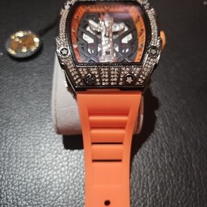 Luxury Orange Strap Watch with Diamond Accents